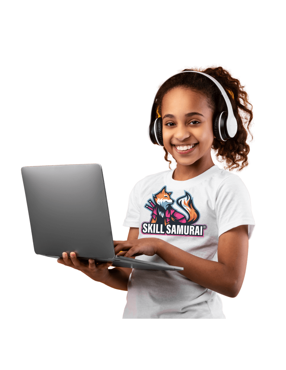 A girl with a Skill Samurai shirt holding a laptop while standing and smiling at the camera